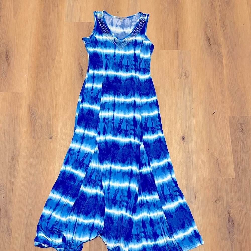 NY COLLECTION maxi dres multicolor fade, silver gems, tie-dye Small